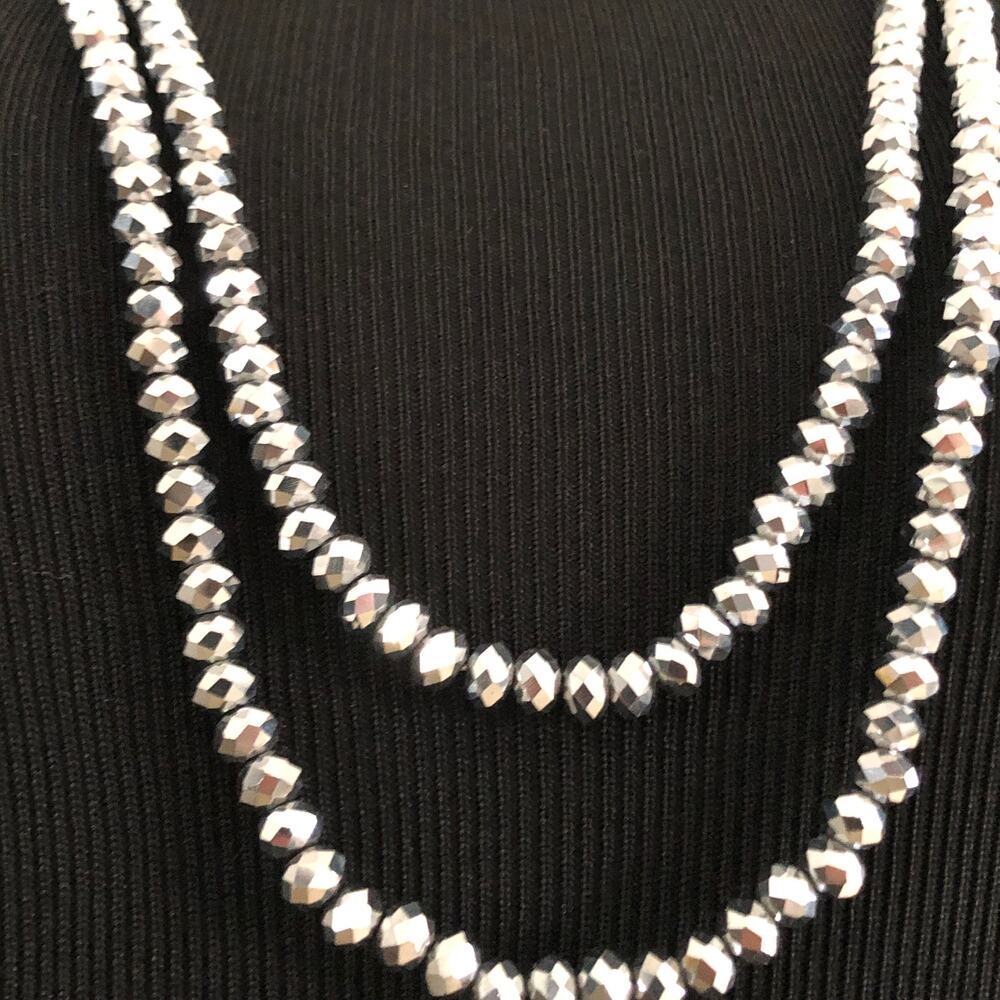 Cato Pearl and Silver Color beaded double layer Long Necklace - Picture 3 of 7